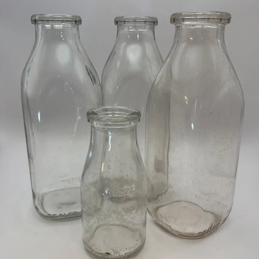 Vtg Glass Milk Bottles Set of 4 Cottagecore Farmhouse Table Decor Shabby Chic
